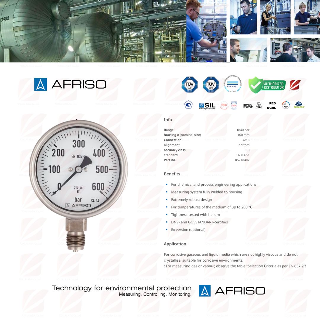 Afriso Bourdon tube pressure gauges for chemical applications Type D4 (Germany)